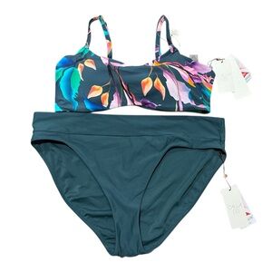 CALIA Tie Back Bikini Top High Waist Bottoms Teal Floral Size XL NEW Swimsuit
